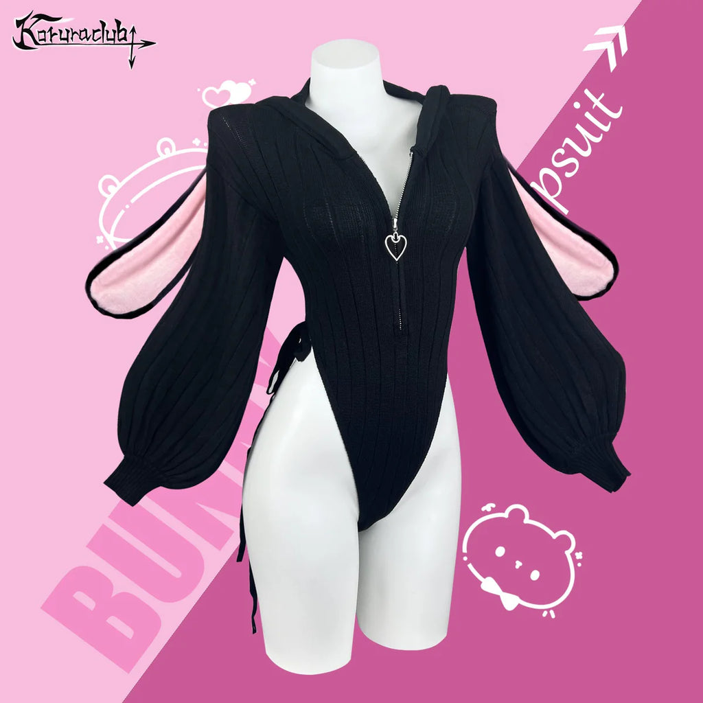 Black Bunny Ear Hoodie Bodysuit KO64-B
