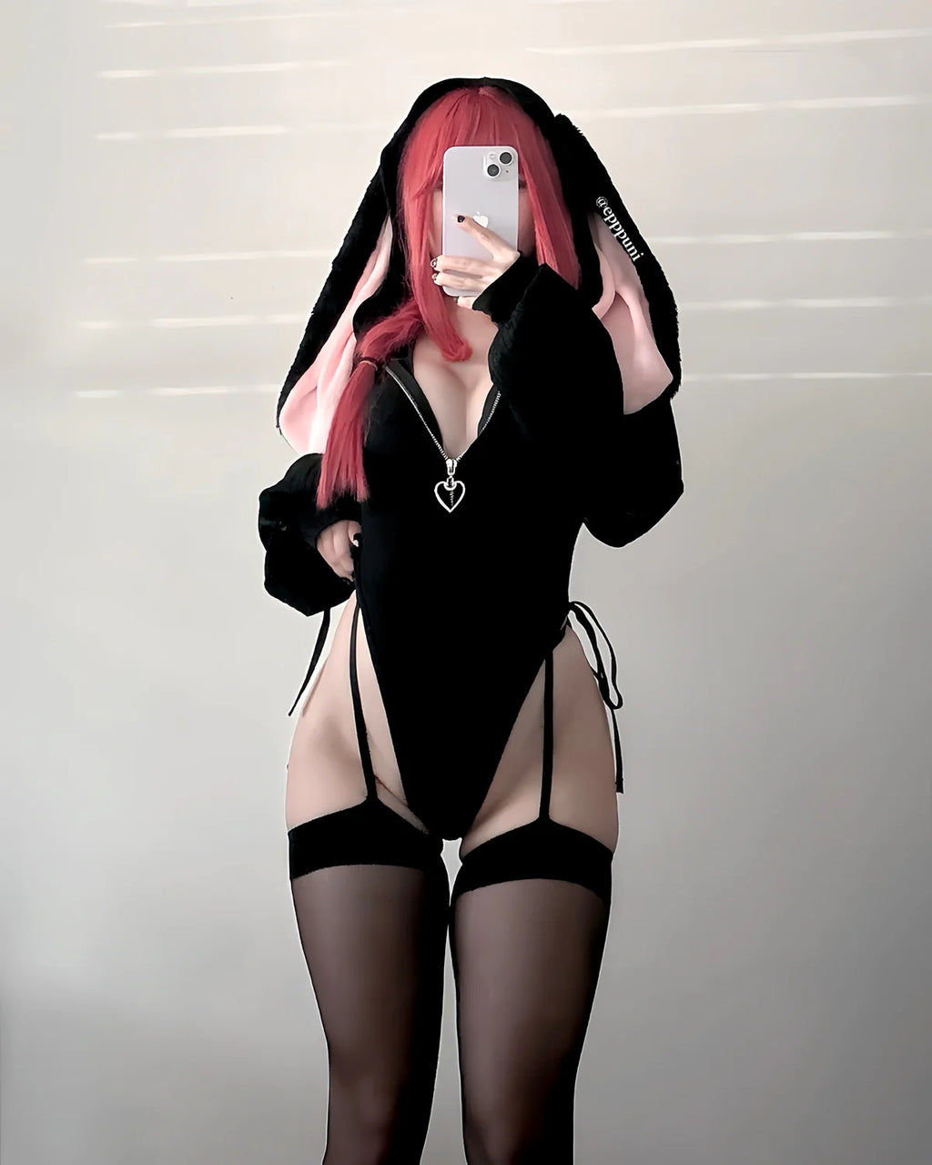 Black Bunny Ear Hoodie Bodysuit KO64-B