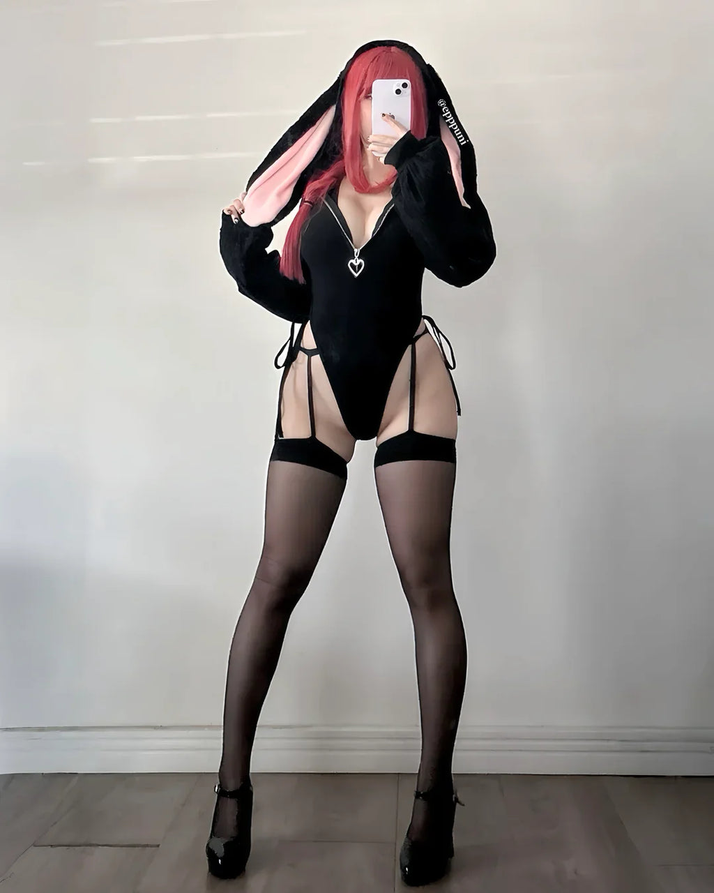 Black Bunny Ear Hoodie Bodysuit KO64-B