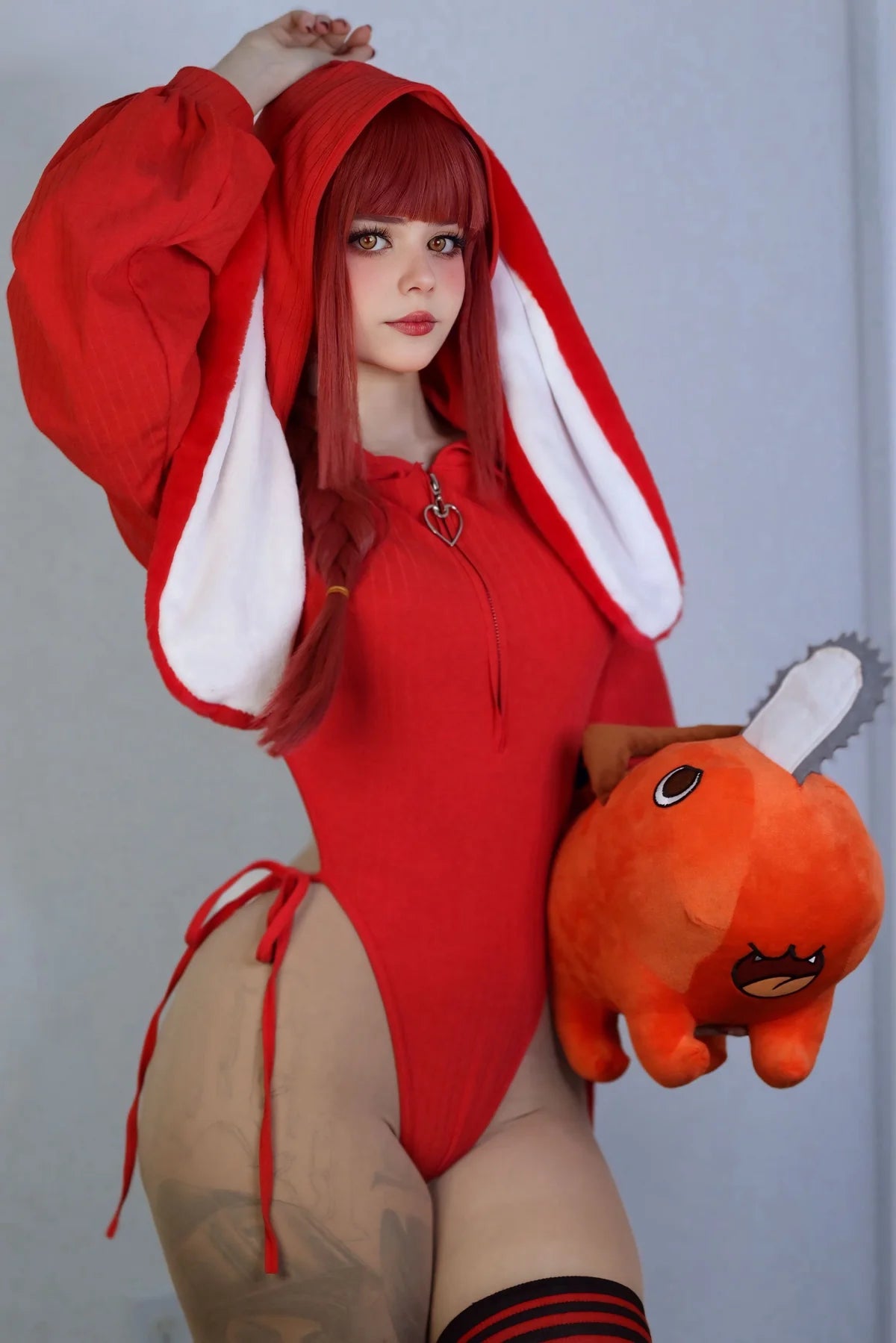 Chic Grey Bunny Ear Hoodie Bodysuit KO64
