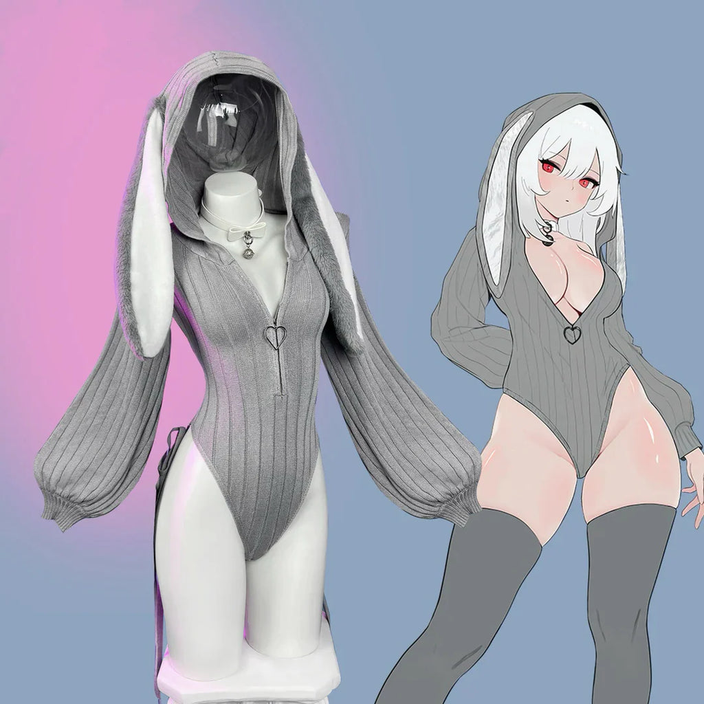 Chic Grey Bunny Ear Hoodie Bodysuit KO64