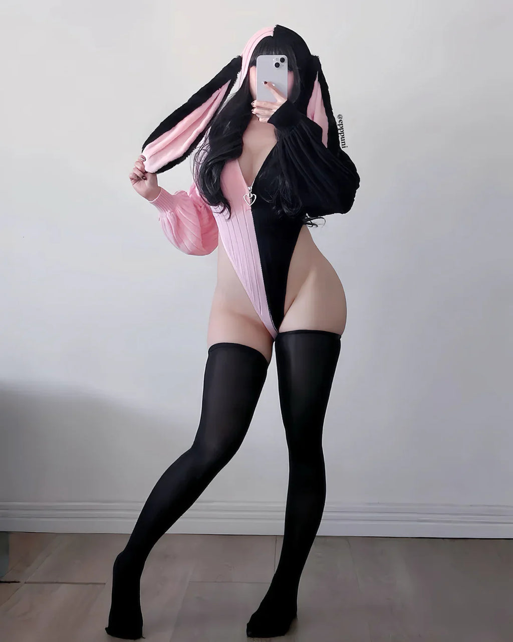 Chic Grey Bunny Ear Hoodie Bodysuit KO64