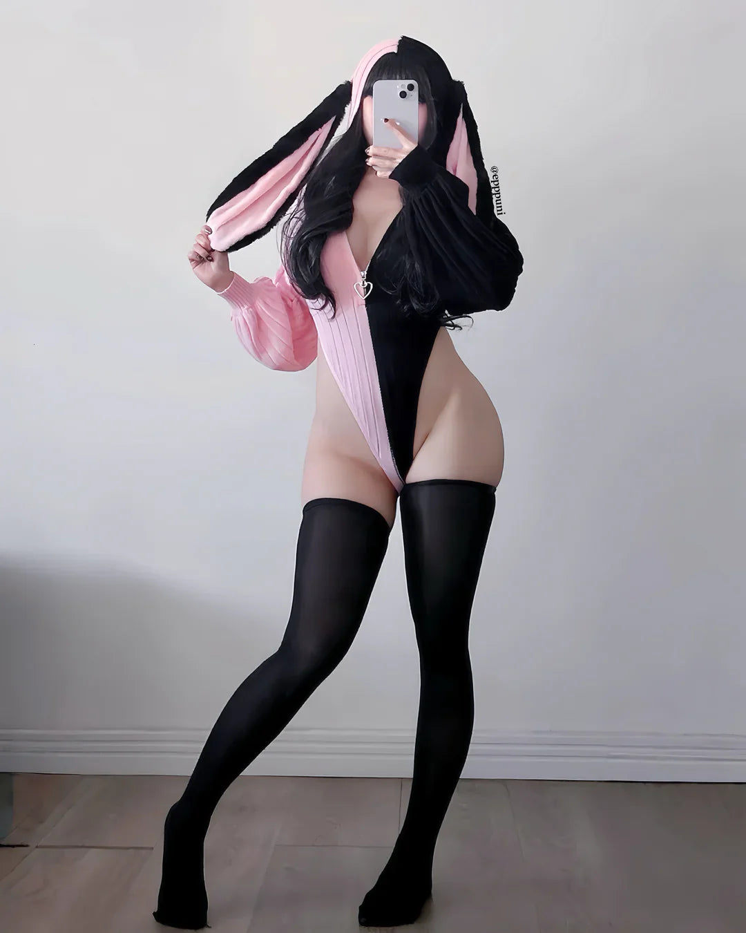 Chic Grey Bunny Ear Hoodie Bodysuit KO64